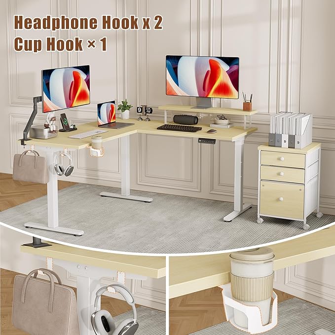Flycity Electric L Shaped Standing Desk with File Cabinet 59 x 59 Corner Computer Desk with Drawers Dual Motor Stand Up Desk with Storage Home Office Standing Desk Adjustable Height Maple