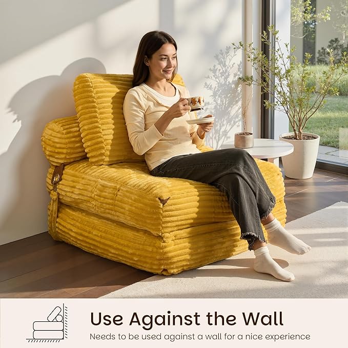 HOOOWOOO Folding Sofa BedConvertible Futon Sleeper Ottoman Pull Out Bed Single Couch 2 in 1 No AssemblyPortable 35.8 Boneless Corduroy Accent Chair Floor Chaise Lounge for Guest Room Studio(Yellow)