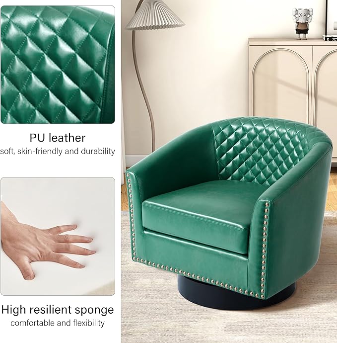 Swivel Barrel Accent Chair Comfy Modern Upholstered Round Faux Leather Arm Chair for Living Room Bedroom（Green Set of 4
