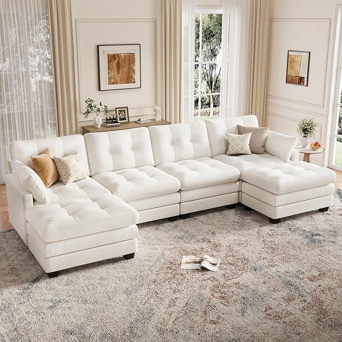Modular Sectional U Shaped Sofa Couches for Living Room Cloud Couch with Movable Ottoman Comfy Chenille Sofa with Pillow for Bedroom and ApartmentBeige-Tufted