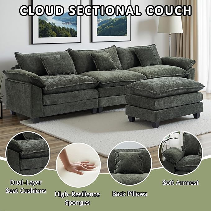 Gexpusm Modular Sectional Sofa108 L Shaped Modular Cloud Couch Sectional with Deep SeatSofas with ChaiseCouches with Ottoman for Living Room BedroomChenille Oversized Sleeper Sofa (Green)