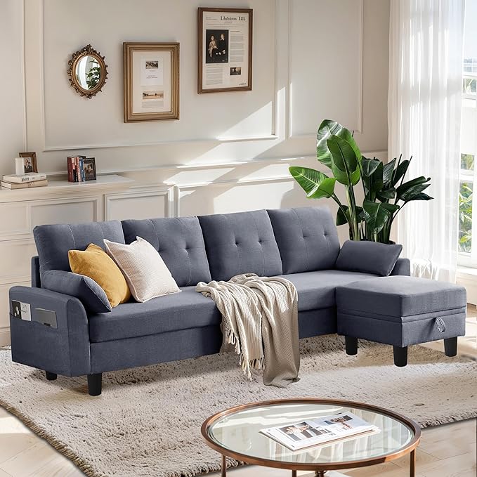 Convertible Sectional Sofa Couch 102 L Shaped Couch with Storage Ottoman and Side Pocket Modern Polyester 4-Seat Reversible Sofa Set for Living Room Light Grey