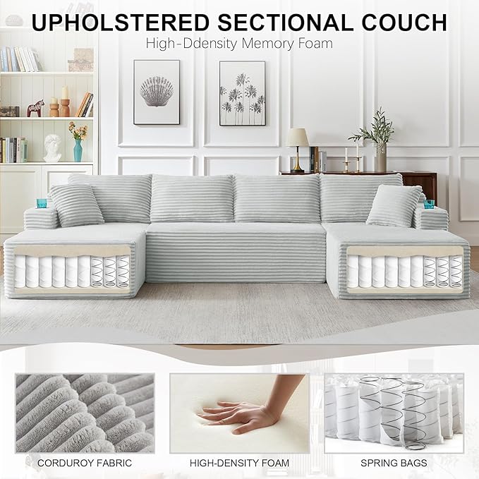 134 Inch U-Shaped Sectional Couch Oversized Modular Corduroy Sofa with Double Chasies 4-Seater Modern Deep Seat Boneless Cloud Couch for Living Room No Assembly Required Light Gray