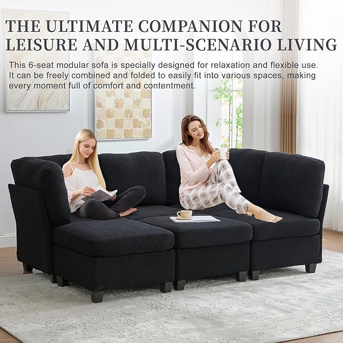113 U Shaped Modular Sectional Sofa Couch with Storage Ottoman 6 Seat Convertible Upholstered Deep Seat Sleeper Sofa with Chaise Lounge Cloud Couch for Living Room Black