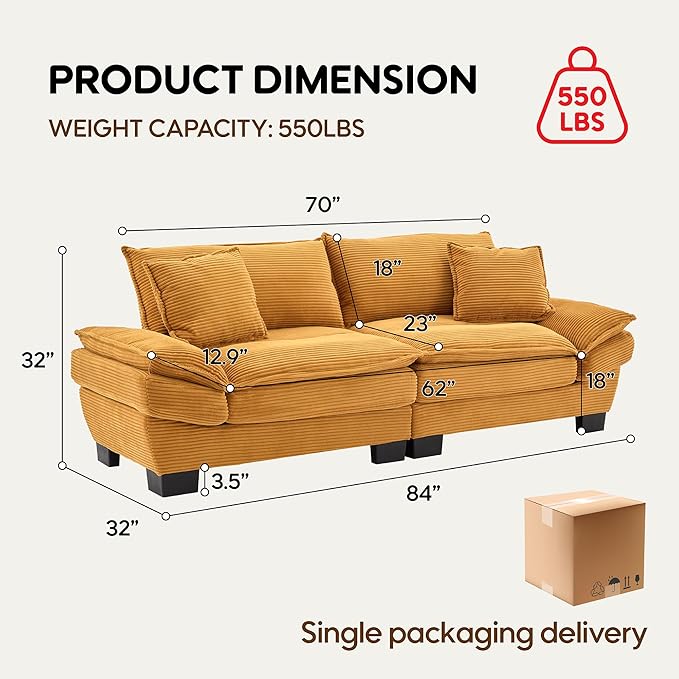 Modern 84 Corduroy Loveseat Sofa Ultra-Comfy Couch with 2 Pillows for Apartment Living Room Bedroom Home Office (Yellow)