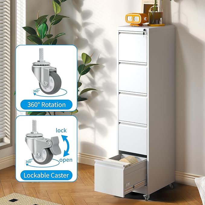 5 Drawer Rolling File Cabinet with Lock Metal Filing Cabinets on Wheels Vertical Steel Office Drawers Storage for Hanging Legal/Letter Folders Require Assembly (White)