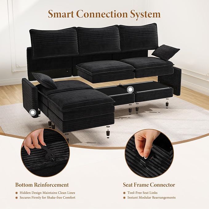 Vesgantti 142 Cloud Couch Sectional Modular Sofa Comfy Sectional Couch with Ottoman Deep Seat Corduroy L Shaped Sofa Modular Couches for Living Room Bedroom and Apartment Black