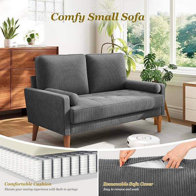 Vesgantti Loveseat Sofa with Solid Wood Legs48 Small Corduroy Couches for Small Spaces Mid Century Modern Love Seat for Living Room Bedroom Easy Assembly with Throw Pillow Grey