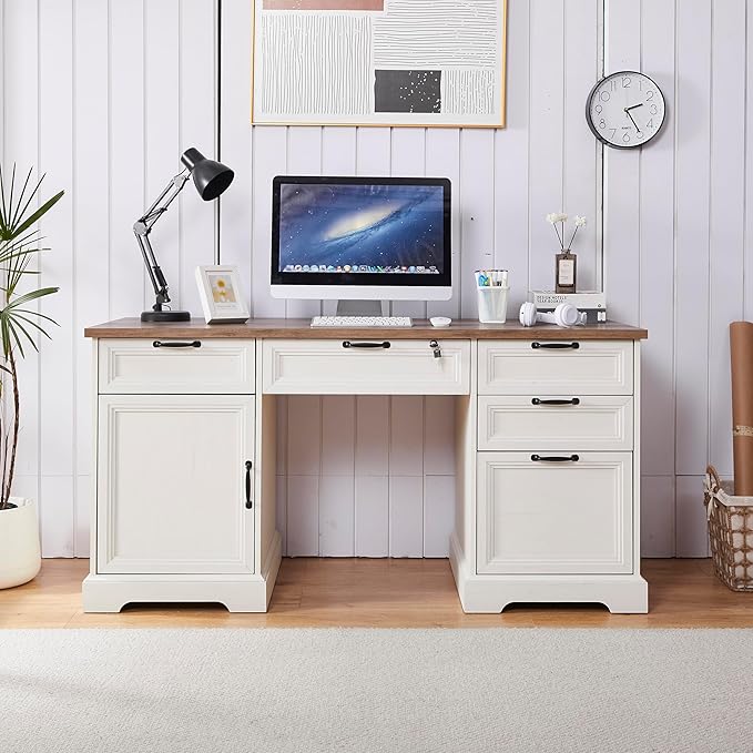 60 Farmhouse Executive Desk with Charging StationHome Office Desk with 4 Drawers &amp 1 Cabinet&amp1 File CabinetMain Drawer with LockWood Desk for Office and Home