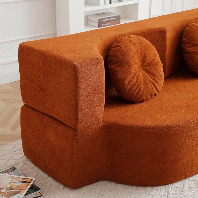 King Size Sofa Bed 76 Inch Convertible Futon Boneless Couch 2-in-1 Loveseat Sleeper Sofa with 2 Pillow Modern Velvet Fabric Floor Couch Bed for Living Room No Assembly Required (Orange)