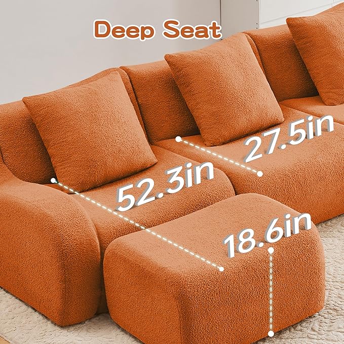 Boneless Cloud Couch Modular Sectional Sofa U Shaped Couch 3 Seater Comfy Teddy Sofa Deep Seat Sectional Couches for Living Room Oversized Floor Couches with Ottoman No Assembly Orange