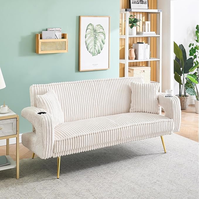 73 Convertible Futon Sofa BedComfy Teddy Fabric Sleeper Couch with 3 Reclining BackrestsGolden Chrome LegsModern Cloud Sofa Loveseat for Small Living Room Office (Beige)
