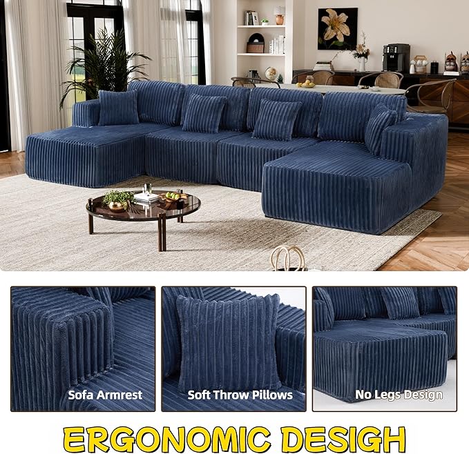 132 U Shaped Boneless Couch Cloud Sectional Modular Sofa with Double Chaise Lounge Corduroy Cloud Couch with Pillows &amp Deep Seat Boneless Sofa for Living Room Blue