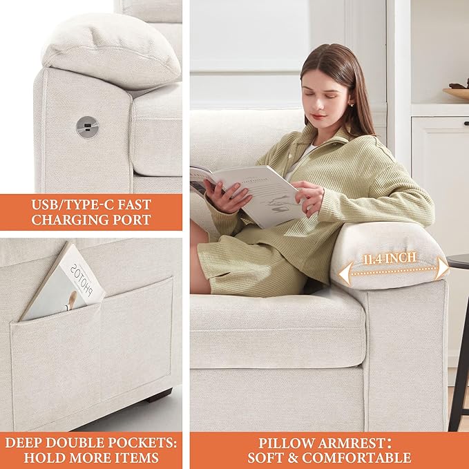 Ihanherry 90.5 Modern Sofa 2-Seater Couch for Living Room Chenille Pillow-Armrest with Extra Large Seat Width USB/Type-C Charging Port &amp Side Pocket Removable Medium Firm Cushion(Beige)