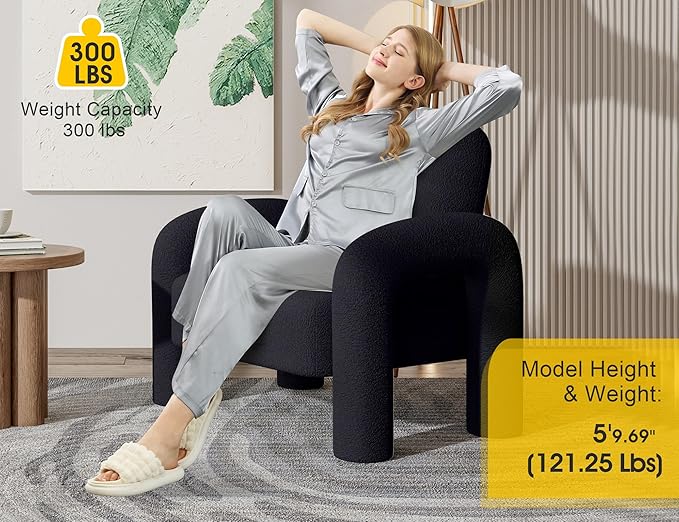 Modern Sherpa Accent Chair Teddy Upholstered Arm Single Sofa Cozy Fluffy Reading Chair for Living Room Bedrooms Corner (Black)