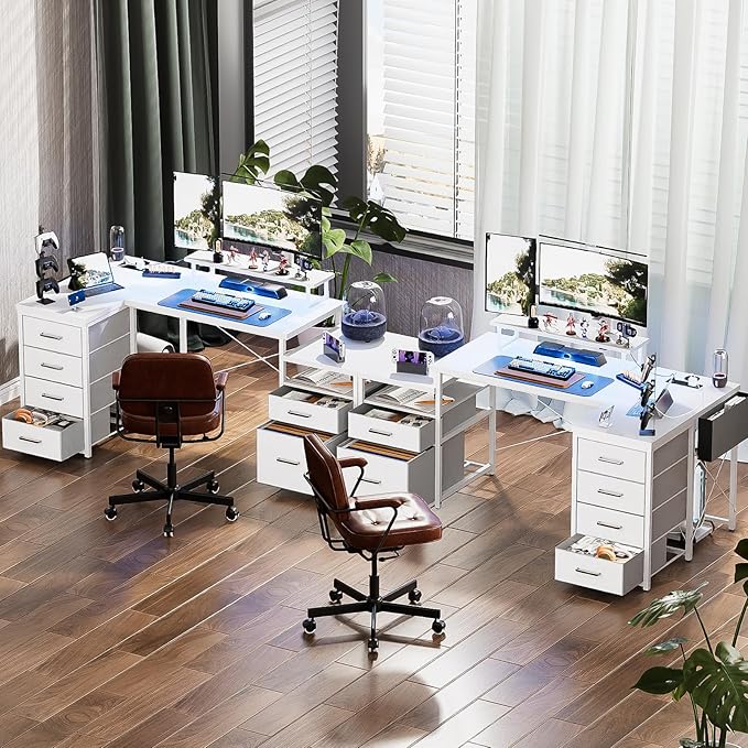 Unikito 70.8 Reversible L Shaped Computer Desk with Fabric File Drawers Corner Desks with RGB LED Light &amp Power Outlets &amp Monitor Stand Large Gaming Desk for Home Office Workstation White