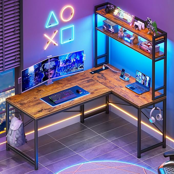 SEDETA L Shaped Desk with Hutch 45.3” Reversible Home Office Desk L Shaped Gaming Desk with LED Lights Power Outlet Storage Shelves and Hooks for Small Space Rustic Brown