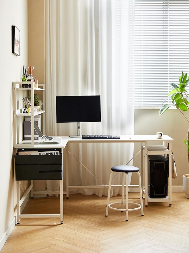 94.5 Inch Home Office Desk L Shape Gaming Desk with Storage Shelves and Stool