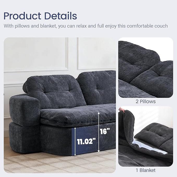 78.74 Convertible Sofa Bed Folding Loveseat Sleeper Sofa 2 in 1 Chenille Floor Couch Bed Foam Compressed Sofa with Pillows &amp Blanket for Living Room Apartment Studio Office (Grey)