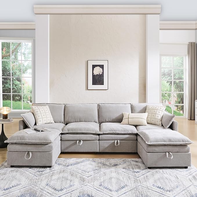 112.6 Sectional Couches for Living Room Cloud Couch Sectional with Large Storage U-Shape Modular Sectional Sofa with Ottoman 6 Seater Chenille Sofa with Pillow for Apartment Bedroom Light Gery