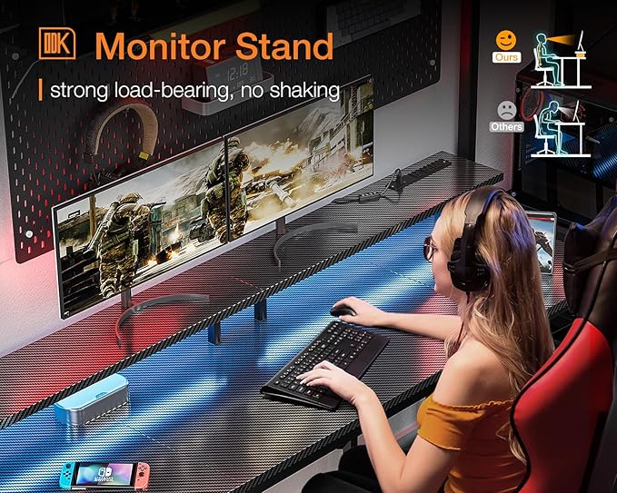 ODK 63 inch Computer Desk with Power Outlets &amp LED Lights Gaming Desk with Monitor Stand &amp Storage Sheves Home Office Desk Carbon Fiber Black