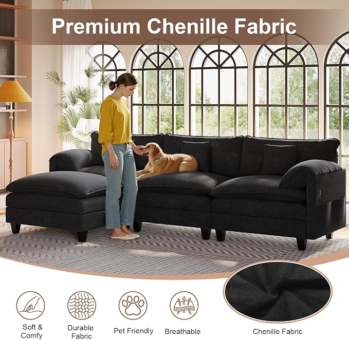 108“ Modular Sectional Sofa with Movable Ottoman Plush Double-Layer Cushion Cloud Couch with USB Charging Ports &amp Side Storage Pockets Chenille L Shaped Modern Sofa Couches for Living Room Blac