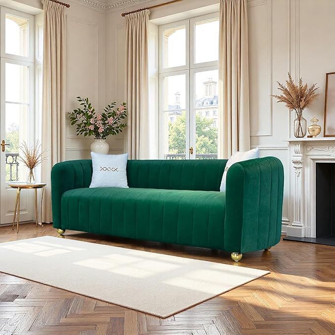 Modern Velvet Loveseat Sofa Couch for Living Room 84 Comfy Upholstered 3 Seater Sofa Couch with Gold Metal Legs &amp 2 Pillows Luxury Sectional Sofa for Bedroom Office Apartment (Green 3 Seaters)