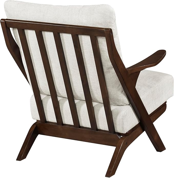 Lexicon Mid Century Modern Accent Chair Pascal Brown Solid Rubberwood Frame Reversible Back Cushion Woven Chenille Upholstered Reading Chair for Living Room/Bedroom/Office Beige