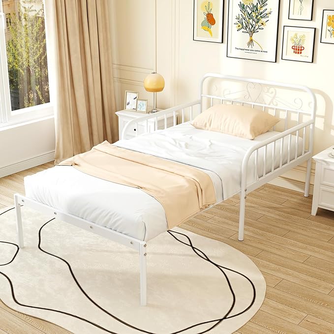 Giantex Metal Twin Bed Frame Convertible Sofa Bed with Headboard &amp Armrests Pull-Out Sleeper Chair Bed for Small Spaces Dorm Guest Apartment Suitable for Folding Sofa Mattress White