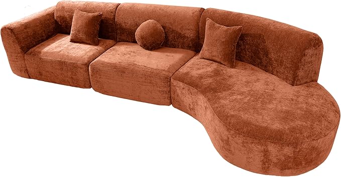 Merax 140 Curved Polyester Sectional Sofa Set 7 Seat Modern Cloud Couch with Chaise Lounge3 Pillows Fully Assembled for Living Room Orange