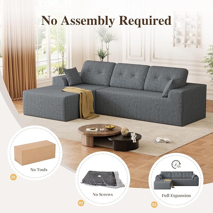 Ball &amp Cast 106 Boneless Sectional Sofa Chenille Modular L Shaped Couch with Deep Seat Chaise Cloud Style Oversized Sectional Couch for Living Room No Assembly Left Facing Grey