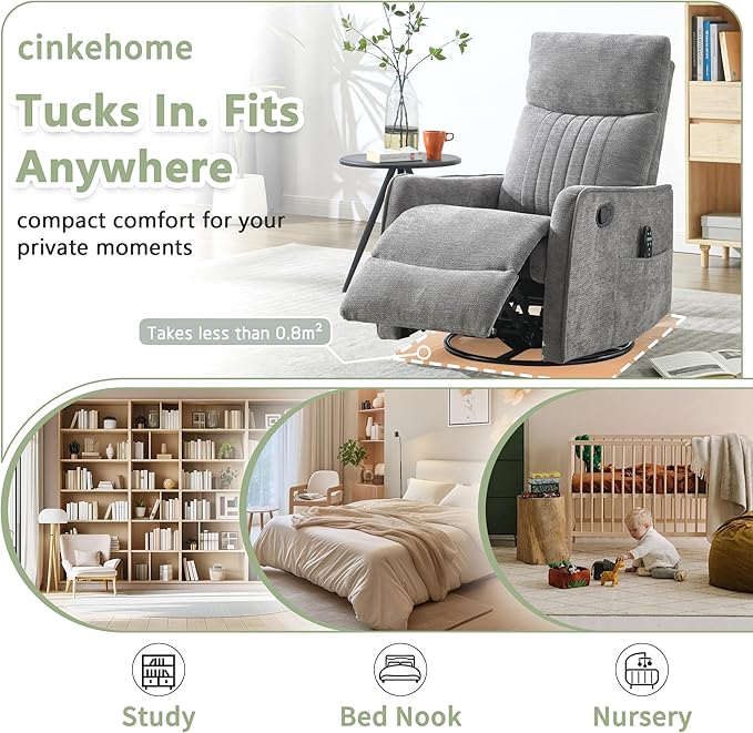 cinkehome Heated Massage Swivel Rocker Recliner Chair for Nursery - Small Space Reclining Chair with Lumbar Support 360° Swivel &amp Gentle Rocking Ergonomic High Back Chenille Fabric Gray