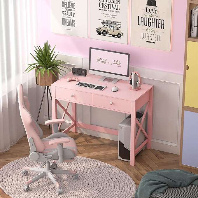 WiberWi Home Office Desk with Drawers Modern Writing Computer Desk for Bedroom Small Pink Makeup Vanity Table for Girls Study Table for Home Office