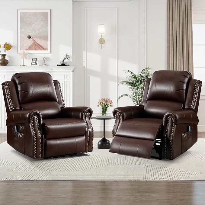 Classic Power Recliner Chair Set of 2 with Massage and Heat Breathable Faux Leather Electric Recliner with USB Port Overstuffed Reclining Sofa with Rivets for Living Room Caramel Brown