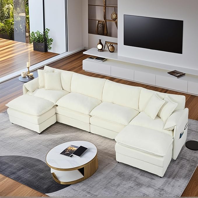 144 Modular Sectional SofaU-Shaped Chenille Sofa Couch with Movable OttomanModern 6 Seat Cloud Sectional Couches for Living Room Office Home (Beige 144 U-6 Seater)