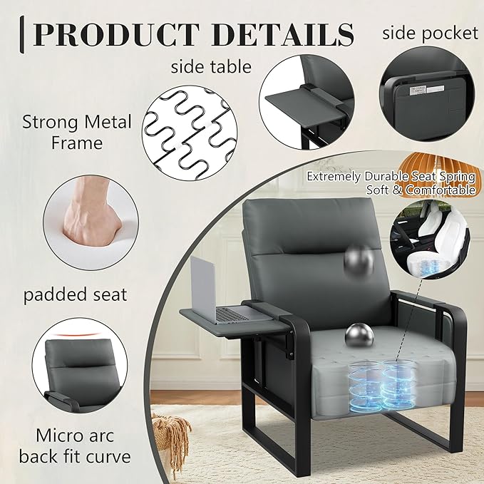 Upholstered Living Room Chair Armchair Set of 2 Mid Century Faux Leather Metal Accent Chair Reception Couch Slipper Club Lounge Chair Guest Comfy Single Sofa with Sidetable-Dark Grey