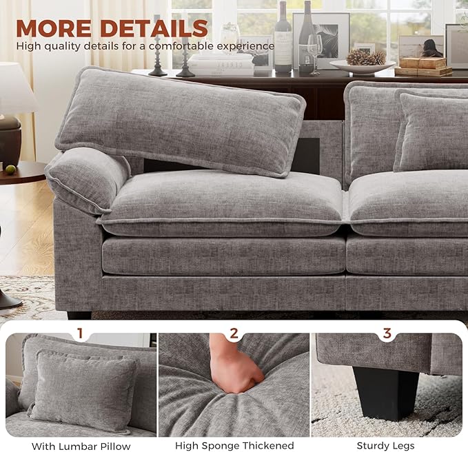 CDCASA 154 Oversized Modular Sectional Sofa Comfy U-Shaped Cloud Couch w/ 3 Movable Ottomans 7-Seater Chenille Deep Seat Modern Sofa Couch for Living Room Grey
