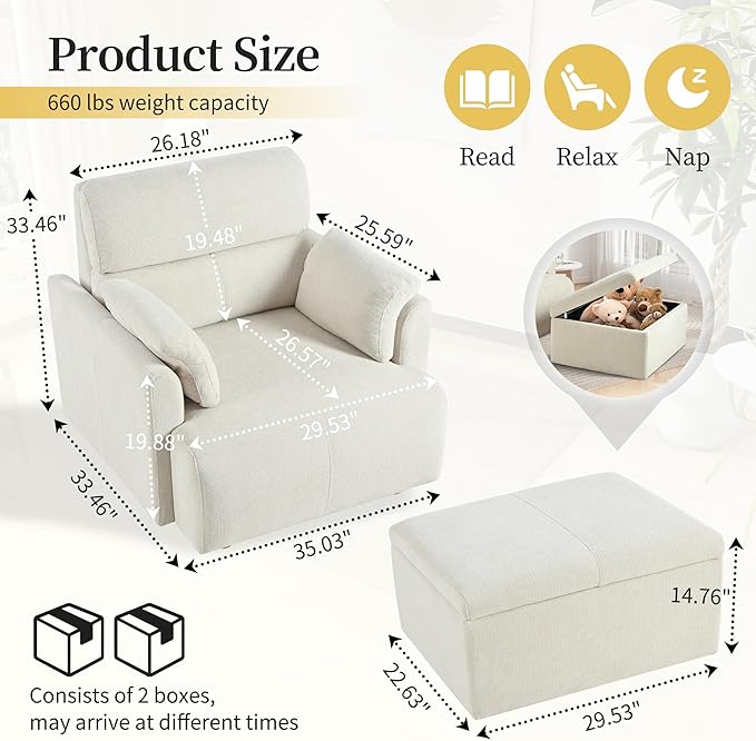 Modern Oversized Accent Chair with Storage Ottoman &amp Side Pillows Snowflake Fleece Upholstered Chaise Lounge Chair Deep Seat Reading Chair for Living Room 350lbs Capacity