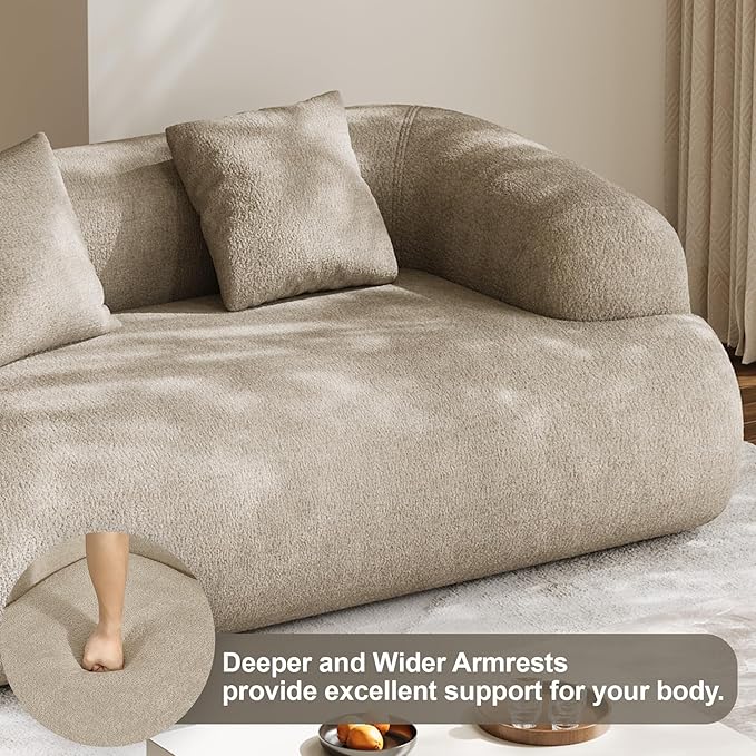 75 Boneless Cloud Loveseat Modern Cute Curved Chenille Sofa 2 Seater Compression Couch with 2 Pillows No Assembly Required for Apartment Living Room Light Brown