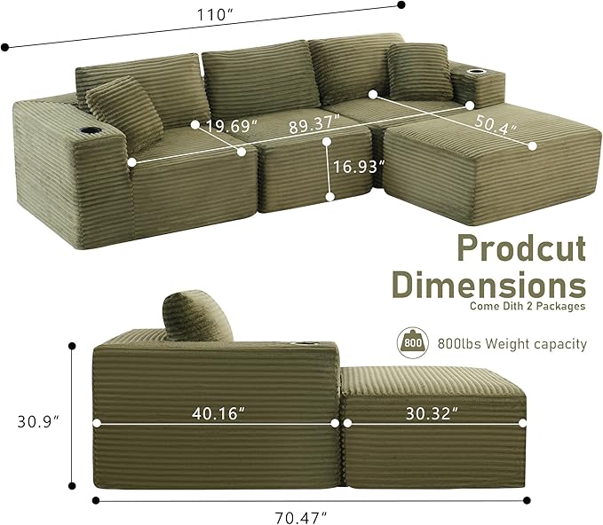 110”Modular Sectional SofaCloud Boneless Couch with Deep SeatModern Modular L-Shape Sofa Couch with 0ttomanUpholstered Couches for Living Room Bedroom (Green)
