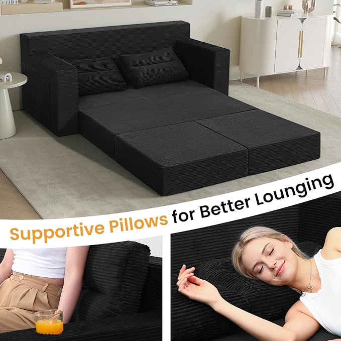 COMAX Futon Sofa Bed Boneless Loveseat Couch in A Box 67 L-Shaped Convertible Sofa Bed Corduroy for Living Room Fold Out Small Foldable Loveseat Foam with Movable Ottoman Floor Sleeper Black