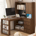 Executive Computer Desk L-Shaped Student Home Bedroom Table Modern Corner Work Writing Desk with LED Light and Storage Drawers and Bookshelf for Bedroom Wood