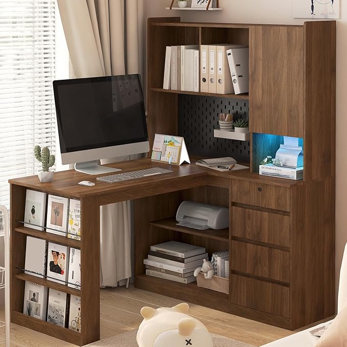 Executive Computer Desk L-Shaped Student Home Bedroom Table Modern Corner Work Writing Desk with LED Light and Storage Drawers and Bookshelf for Bedroom Wood