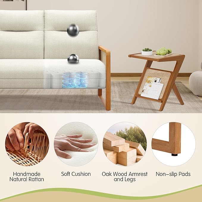 Alunaune Modern Loveseat Bench Couch with Natural Rattan Arm Upholstered Linen Small Love Seat Sofa 2-Seats Living Room Couch Settee Comfy Lounge Recliner Chair-Ivory