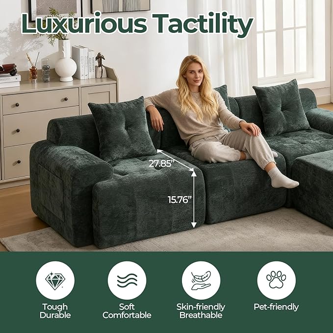 129.23”Modular Sectional Couch for Living Room Modren L-Shape Cloud Sectional 4-Seater Sofa with Movable Ottoman Woven Texture Upholstery Boneless Couch No Assembly Green