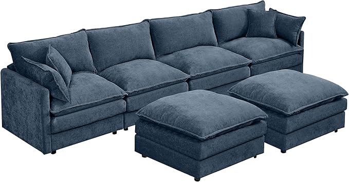 130.7 U Shaped Modular Sectional Sofa Comfy Upholstery Chenille Cloud Couch with Ottoman Modern 6-Seat Deep Seat Sofa with Pillow for Living Room Bedroom Apartment Navy Blue