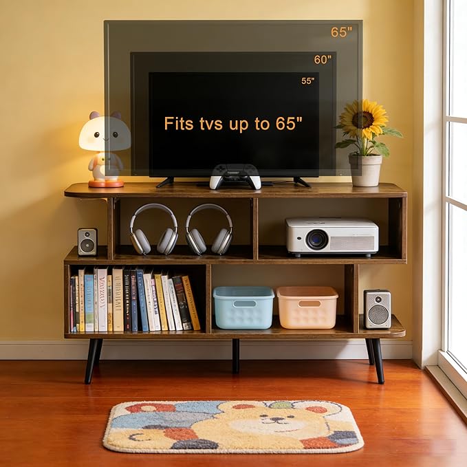 Lightdot 55 Inch TV Stand up to 65 Inch TVs Large Storage for Collection with 6 Open Shelves Sturdy Media Console Table for Living Room/Entrance/Kitchen/Sofa Cabinet Easy Assembly Amber
