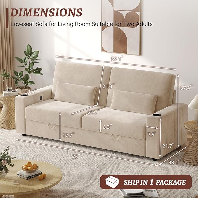 75 Inch Loveseat Sofa Velvet Fabric Couch with Storage Cup Holder Charging Ports Heightened Backrests Removable Cover Modern Comfy Couches Easy Assembly for Small Spaces Apartment