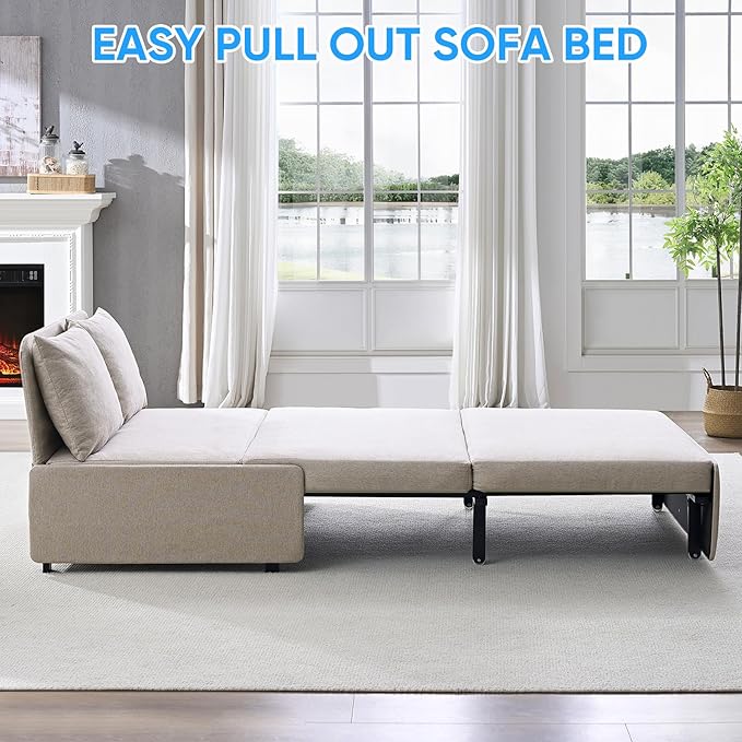 PUREMIND Twin Sofa Bed Twin Size Pull Out Sofa Beds with 2 Pillows&amp Tri-fold Mattress Linen Chair Bed Pull Out Couch Beds for Small Place Apartment Beige