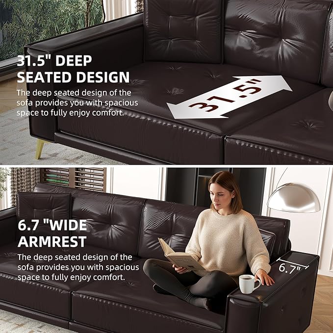 92.1'' King Pull Out Sofa Bed Convertible Futon Couch 3-in-1 Faux Leather Sleeper Sofa with Tufted Back 2 Pillows Gold Legs Deep Folding Loveseat for Living Room Apartment Dark Brown